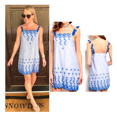 Blue Embroidered Scallop Hem Tassel Dress