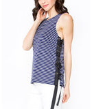Navy White Stripe Sleeveless Knit Top with Grommets & Side Ties