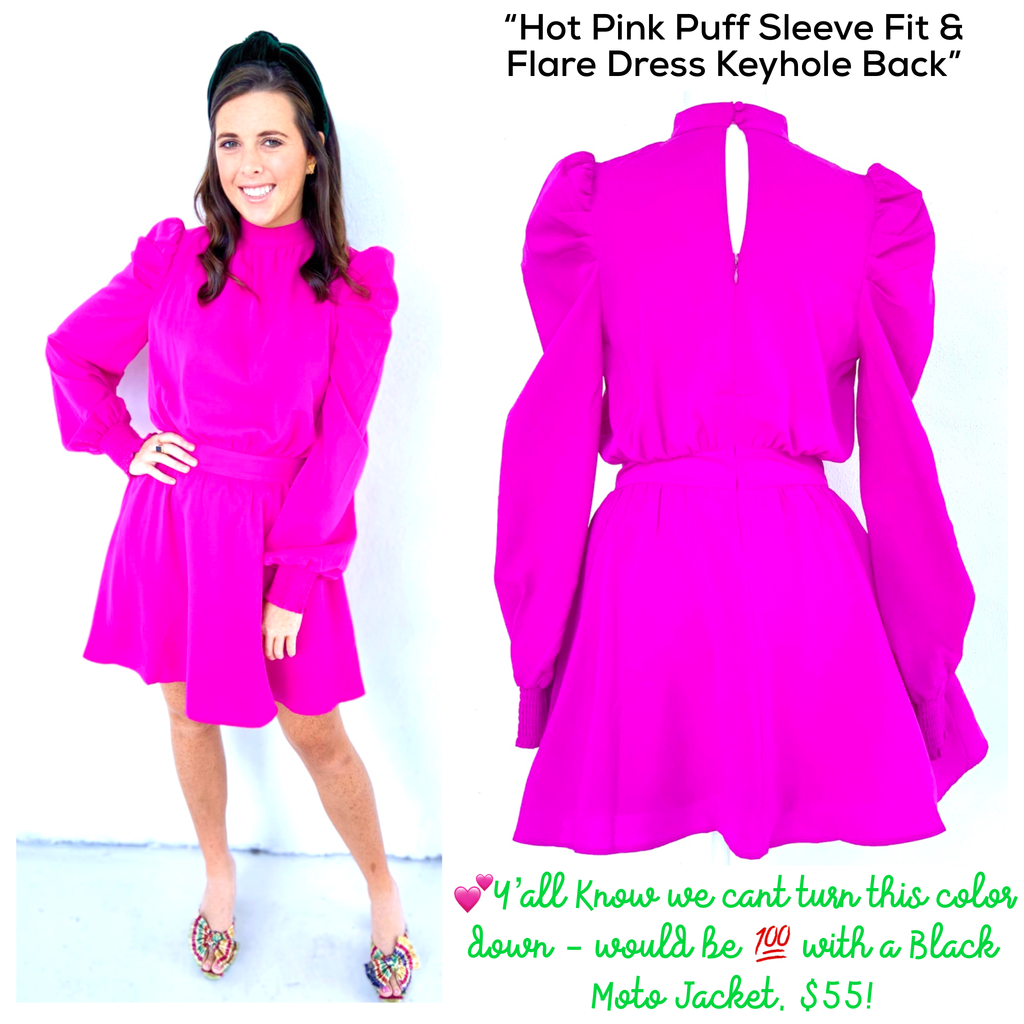 Hot Pink Puff Sleeve Fit & Flare Dress with Smocked Waist & Keyhole Back - James Ascher Hot Pink Puff Sleeve Fit & Flare Dress with Smocked Waist & Keyhole Back - James Ascher