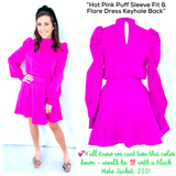 Hot Pink Puff Sleeve Fit & Flare Dress with Smocked Waist & Keyhole Back