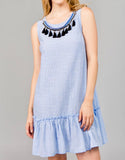 Blue Stripe Sleeveless Drop Hem Button Down Back Dress with Detachable Navy Tassel Bib