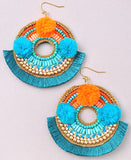 Orange & Turquoise Circle Fringe Earrings with Pom Poms