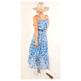 Grecian Blue & Aqua Floral Chiffon Dress with Ruffle Hem & Shoulder Tassel Ties