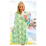 Green & Ivory Leaf Print Button Front Collared Dress