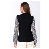 Black Fine Knit Top with Contrasting Zebra Blouse Balloon Sleeves