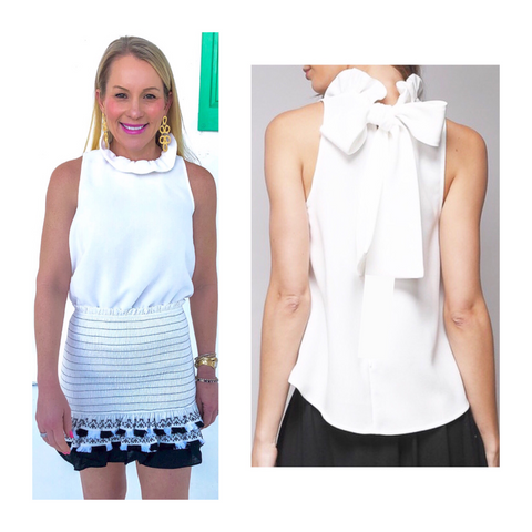 White Trapeze Sleeveless Top with Bow Back & Ruffle Neck