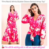 Pink Red & White Bubble Sleeve Belted Wrap Top