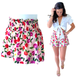 Pink & Red Floral Smocked Waist Marguerite Flare Shorts