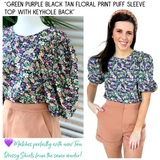 Green Purple Black Tan Floral Puff Sleeve Top with Keyhole Back