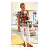 Multicolor Plaid Smocked Flutter Sleeve Peplum Top with Semi Open Button Down Back