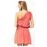 Coral One Shoulder Ruffle Trim Dress with Smocked Waist