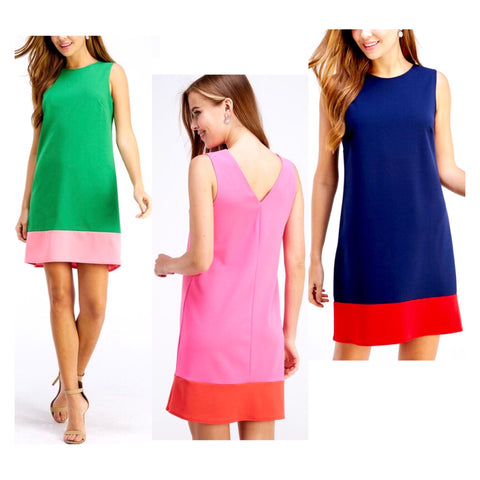 Navy, Pink or Kelly Green Colorblock Stretch Knit Crepe Shift Dress with V-Back