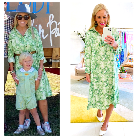Green & Ivory Leaf Print Button Front Collared Dress