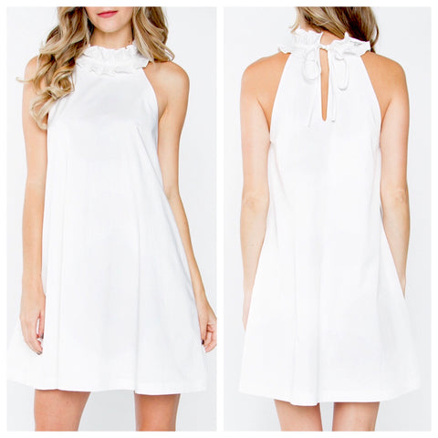 White Ruffle Collar Shift Dress with Keyhole Back Tie and Pockets!