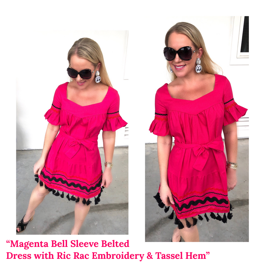 Magenta Bell Sleeve Belted Dress with Ric Rac Embroidery & Tassel Hem ...