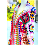 Rainbow Hued *HANDMADE* Crochet Knit Hooded Cardigan