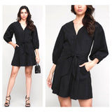 Black Soft Twill Puff Sleeve Dress with Front OR Rear Self Tie Belt & Pleated Skirt