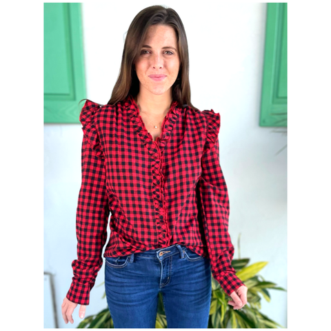 Red & Black Gingham Ruffle Rosie Top