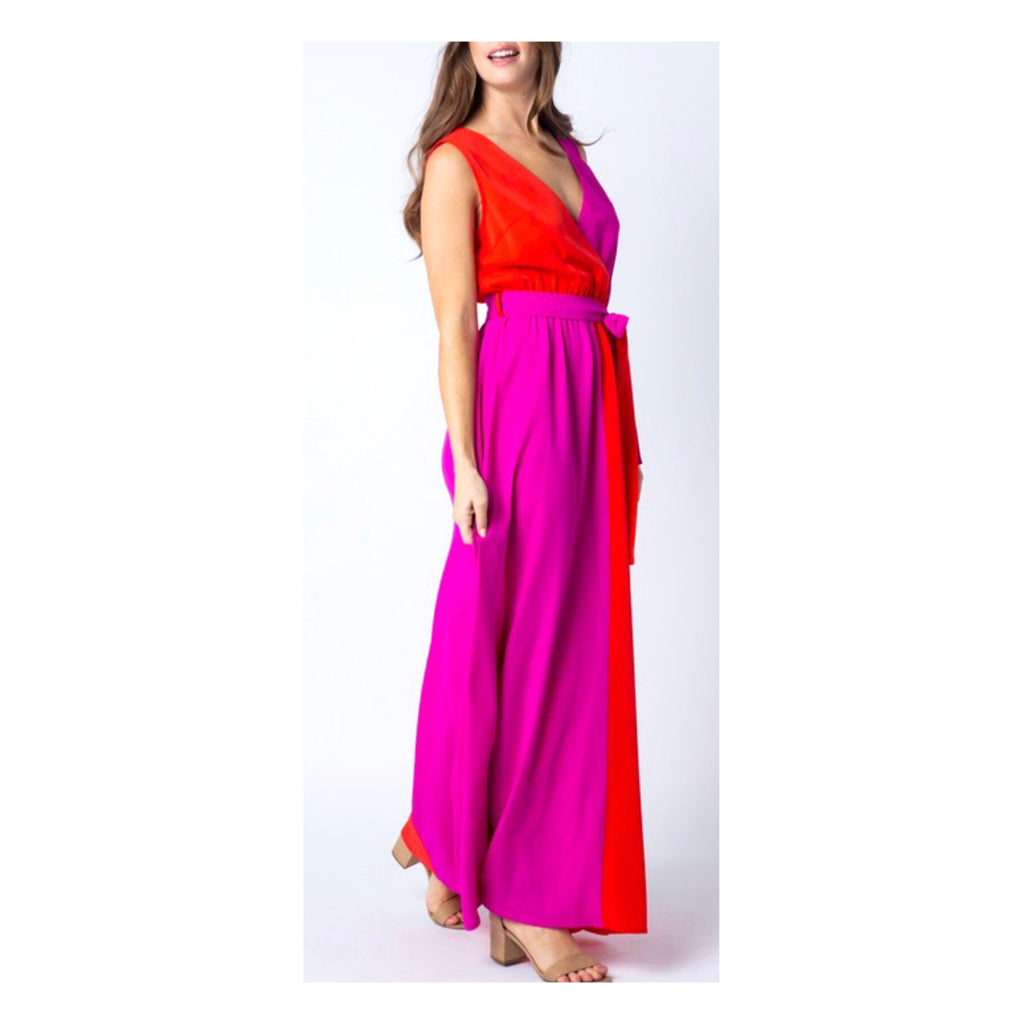 Red & Fuchsia Colorblock Maxi Dress with Self Tie Belt - James Ascher