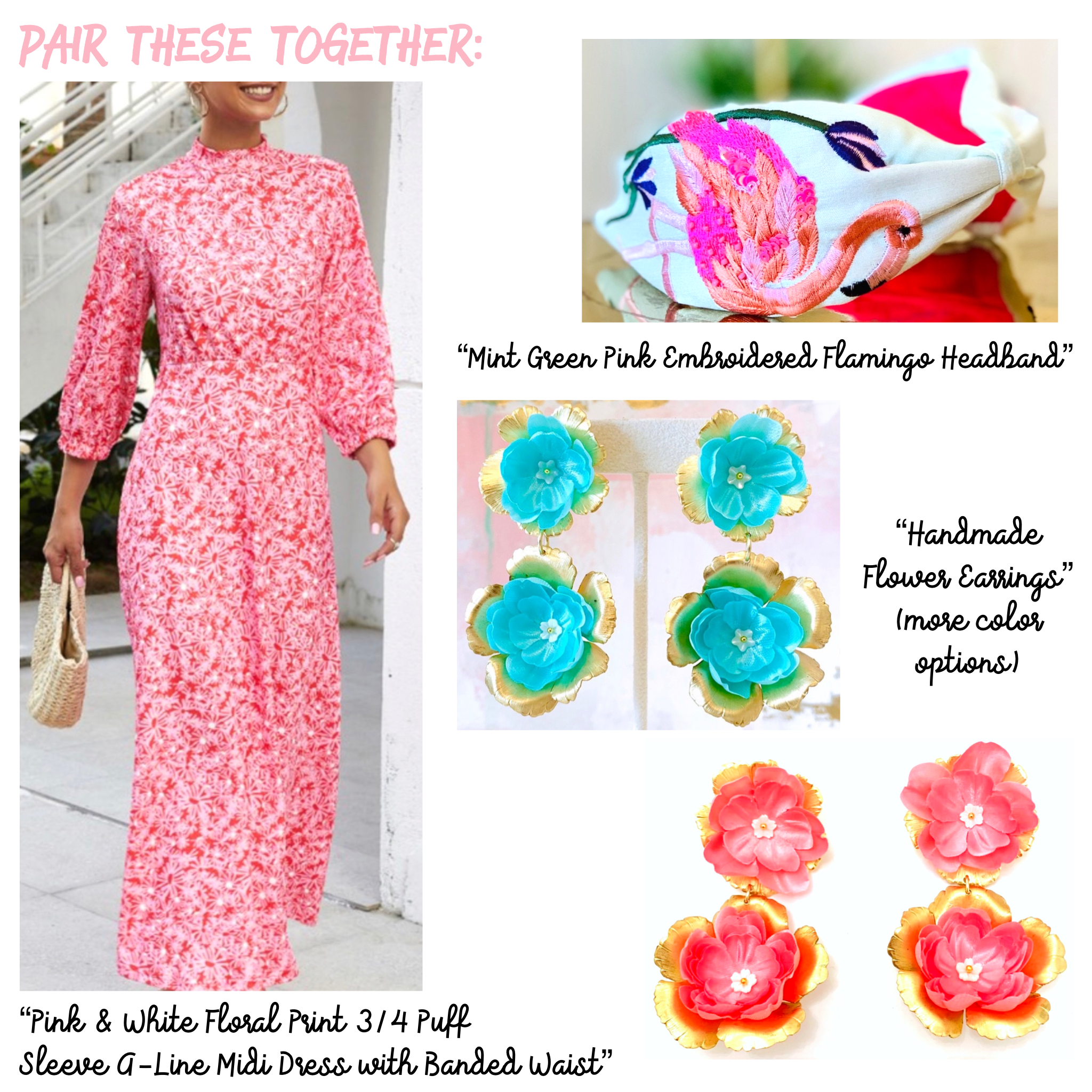 Pink & White Floral Print 3/4 Length Puff Sleeve A-Line Midi