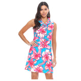 Turquoise & Pink Floral High Ruffle Neck Shift Dress