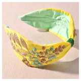 Yellow & Mint Embroidered Headband with Gold Beading & Mint Interior Contrast