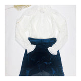 Sapphire Blue Velvet Flounce Skirt with Asymmetrical Embroidered Ruffle