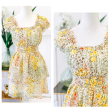 Green Pink & Yellow Floral Print Smocked Waist Dress with Ruched Sweetheart Neckline