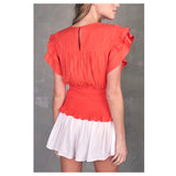 Deep Coral Pleated Ruffle Sleeve Top with Smocked Waist & Keyhole Back