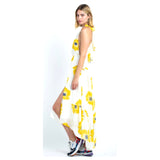 White Sunflower Print Swiss Dot Chiffon Hi-Lo Dress with Crisscross Flutter Back