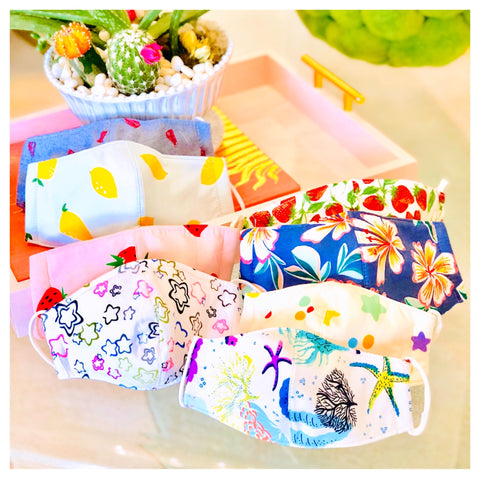 Women, Men, Teen & Children Cotton Reusable 3 Layer Masks in Strawberry, Blue Floral, Lemon Print, Sea Life, Stars & Planets