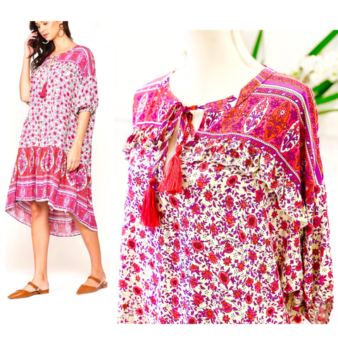 Magenta Lavender & Hot Pink Floral Print Dolman Sleeve High Low Midi Dress with Ruffle Bust Trim