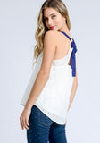 White Eyelet Halter Top with Blue Bow Tie Back