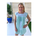 Light Aqua & White Embroidered Textile Dress with POCKETS