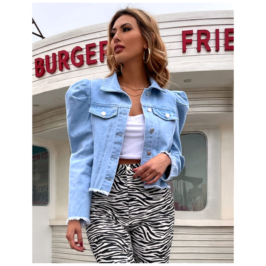 Womens puff sales sleeve denim jacket