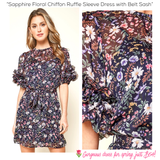 Sapphire Floral Chiffon Ruffle Sleeve Dress with Belt Sash