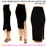 Black Medium Weight Stretchy Knit High Waisted Skirt with Side Slit