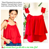 Red Pleated Accordion Sleeve Tiered Hem Cami with Ruched Ruffle Trim