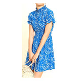 Blue Floral Smocked Linen Blend Dress with Keyhole Back