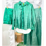 Green Foil Organic Linen Frida Button Down Top, High Waisted Shorts & Pants