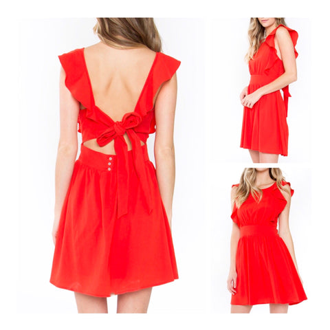 Tomato Red Ruffle Fit & Flare Backless Dress with Bow Tie Back