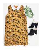 Camel Leopard Print Scalloped Hem Dress with Shirt Collar & DETACHABLE Black Collar Ribbon
