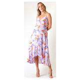 Lavender & Orange Floral Button Front Sleeveless Midi Dress