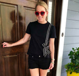 Black Short Sleeve Knit Top with Black & White Vertical Ribbon Bow Trim