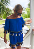 Royal Blue On OR Off the Shoulder Top with Black & White Tassels (Matching Shorts Sold Separately)