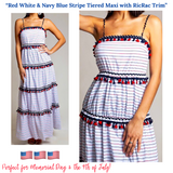 Red White & Navy Blue Stripe Tiered Maxi Dress with Tassels & RicRac Trim