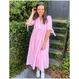Pink Ribbon Sleeve Textured Olivia Dress