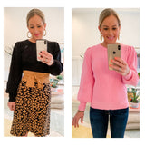 Bubblegum Pink OR Black Contrasting Ribbed Knit Puff Sleeve Sweater