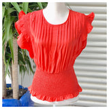 Deep Coral Pleated Ruffle Sleeve Top with Smocked Waist & Keyhole Back