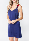 Mediterranean Blue Shift Dress with Red Blue Contrast Ribbon Straps & Bow Back